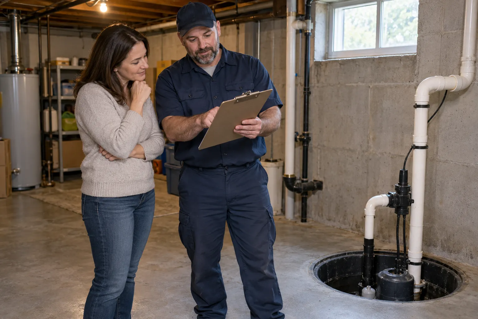 Homeowner reviewing a written plumbing quote with a provider in the Huntley area