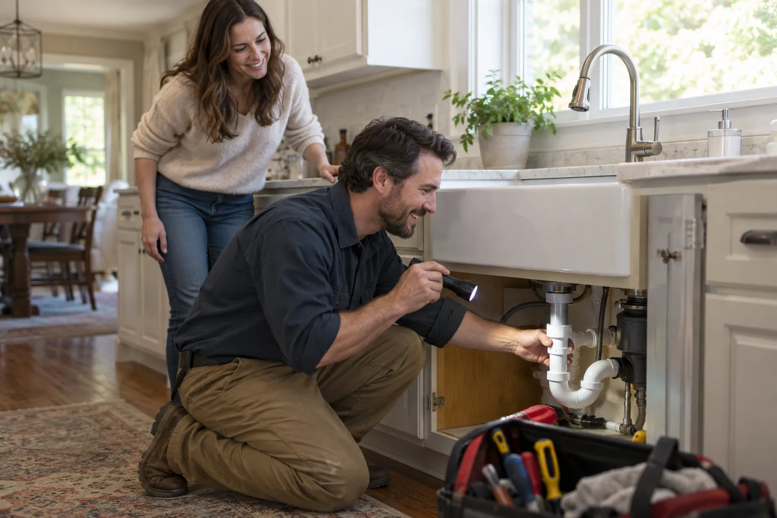 A friendly local plumbing provider checking a pipe under a kitchen sink in a home in Huntley